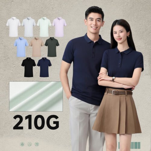 Custom 210 GSM Long-Staple Cotton Pique Polo Shirt S3606 - Style DBA849 Mens and womens navy polo shirts with fabric detail and color swatches
