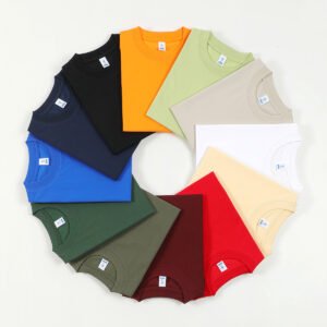 Various colors of custom oversized cooling t-shirts arranged in a circle.