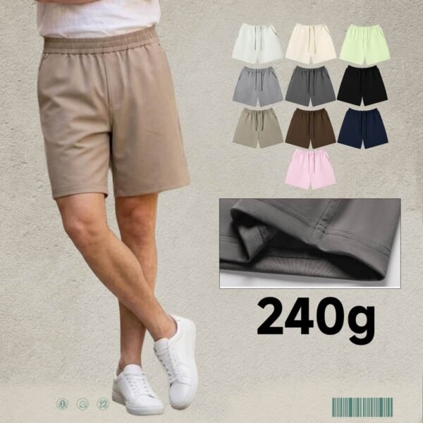 Custom 240GSM Terry Drawstring Shorts D885 - Style CAF93D Man wearing tan custom lightweight terry drawstring sun shorts