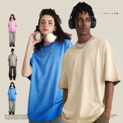 Custom 255GSM Acid-Wash Oversized T-Shirt - Style D50BFB Model wearing a light beige oversized acid wash t-shirt