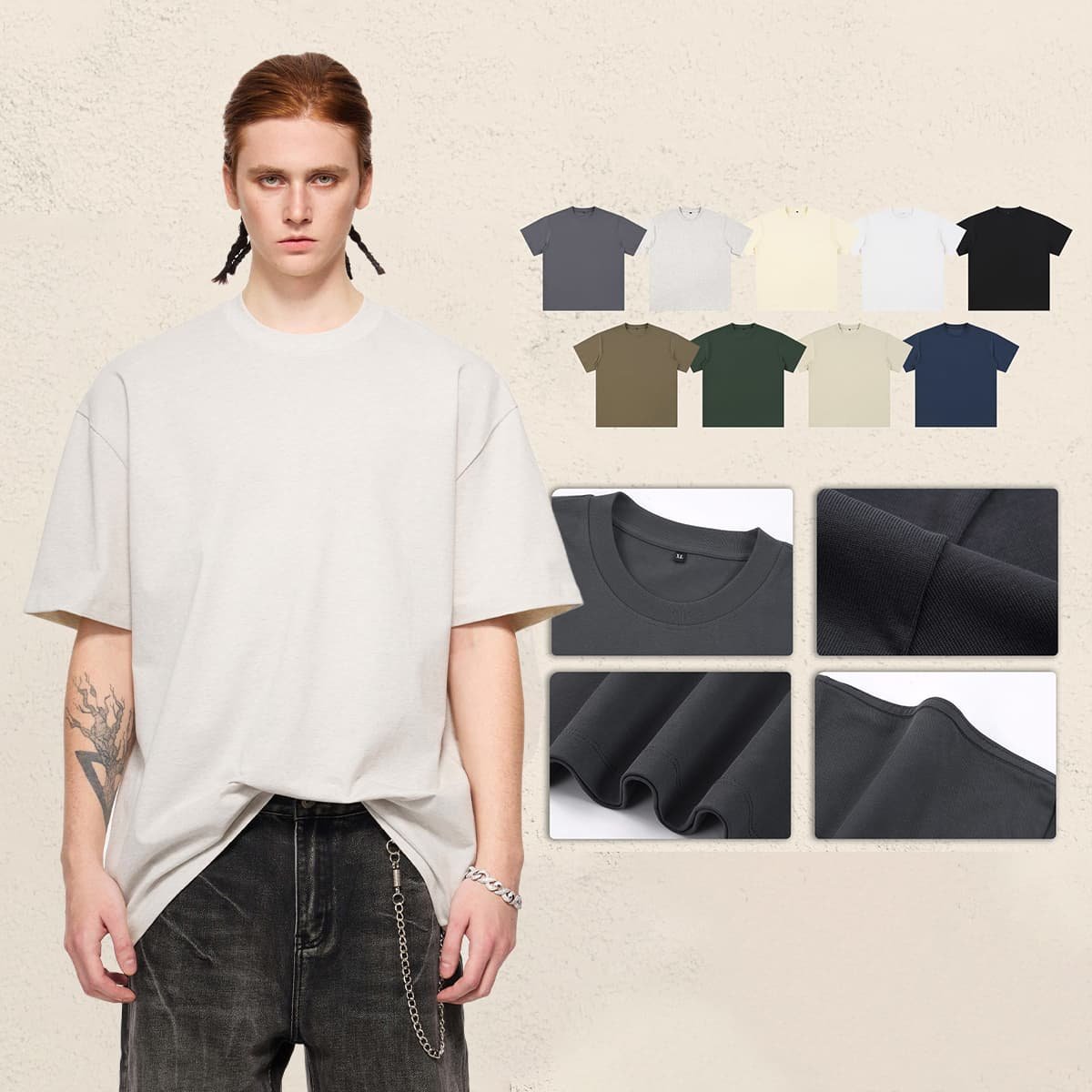 Man wearing a light grey oversized cotton t-shirt with inset fabric details