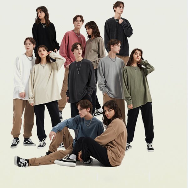 Custom 310 GSM Light-Wash Cotton Long-Sleeve T-Shirt 2151 - Style E491BC Group of diverse models wearing light-wash, oversized long-sleeve t-shirts in various colors.