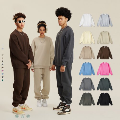 Custom Oversized 345 GSM Fleece Crewneck Sweatshirt 2511 - Style 2E0ACB Three models wearing oversized plain fleece sweatshirts and matching sweatpants.