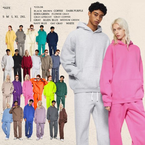 Custom 350 GSM Fleece Oversized Pullover Hoodie | - Style F3288A Couple wearing custom oversized heavyweight fleece pullover hoodies and matching sweatpants