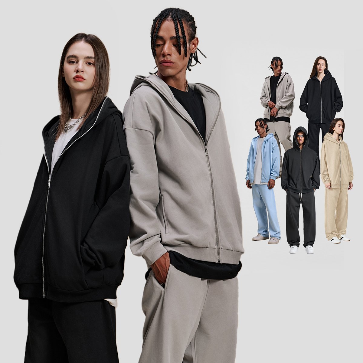 Couple wearing custom stretch-mapped brushed terry full-zip hoodies