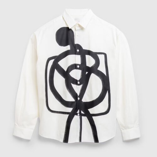 Custom Abstract Applique Long Sleeve Woven Shirt - Style FC08D6 White long sleeve shirt with abstract black applique