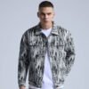 Custom Abstract Print Denim Trucker Jacket - Style 4FDBC0 Man wearing a custom abstract print denim trucker jacket