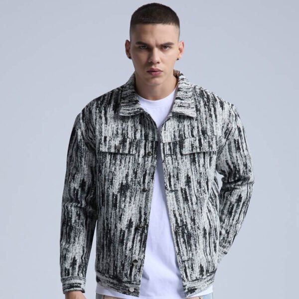 Custom Abstract Print Denim Trucker Jacket - Style 4FDBC0 Man wearing a custom abstract print denim trucker jacket