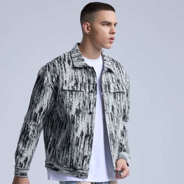 Custom Abstract Print Denim Trucker Jacket - Style 4FDBC0 - product detail view 2 Custom Abstract Print Denim Trucker Jacket - Style 4FDBC0 - product detail view 2