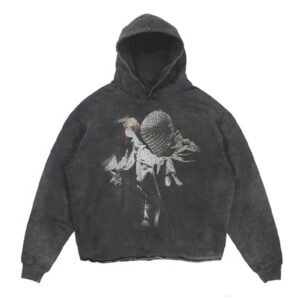 Dark grey acid-washed graphic print pullover hoodie for men