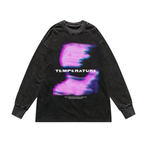 Custom Acid Wash Graphic Crewneck Sweatshirt - AC985B36FFD25C17 - Style AC985B Acid wash graphic sweatshirt with 'TEMPERATURE' and glitch effect