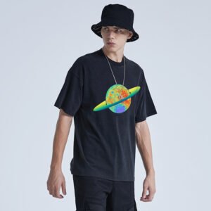 Black acid-wash oversized t-shirt with planet graphic