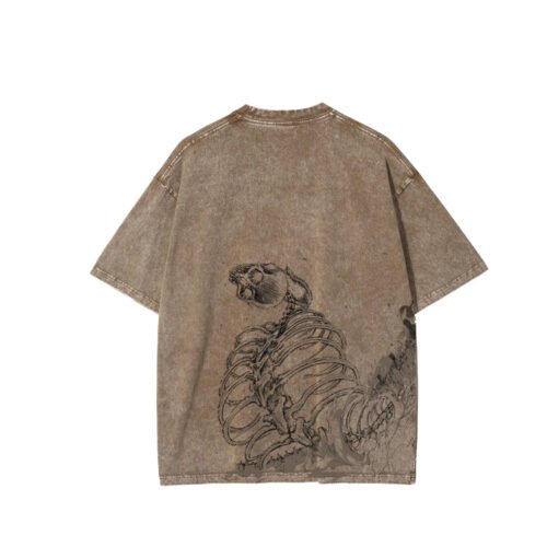 Custom Acid-Wash Graphic Oversized T-Shirt - Style 2BC258 Brown acid-wash oversized t-shirt with a distressed skeleton graphic on the back.