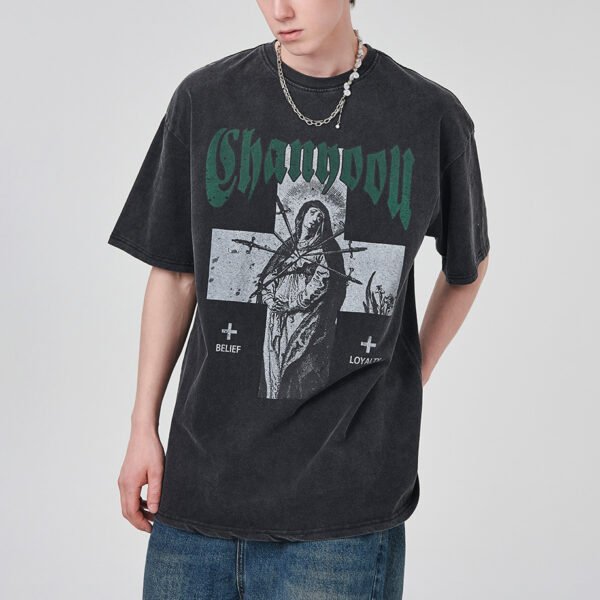 Custom Acid Wash Cross Graphic Oversized T-Shirt - Style 03696C - product detail view 3