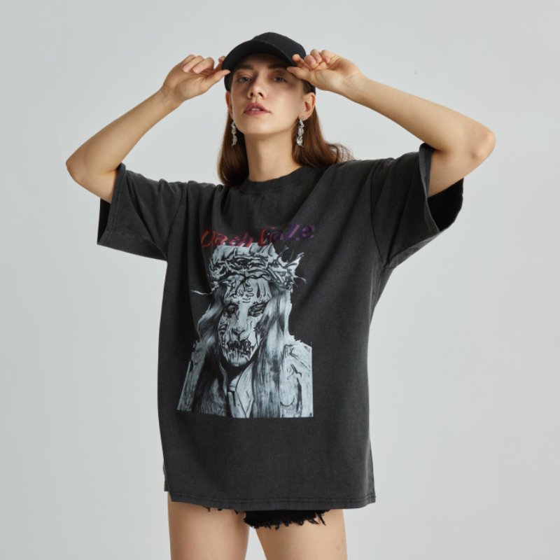 Black oversized acid-wash graphic t-shirt with distressed details