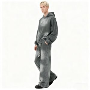 Custom Acid-Wash Rhinestone Hoodie and Wide-Leg Set - Style 60739D