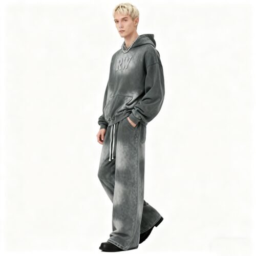 Custom Acid-Wash Rhinestone Hoodie and Wide-Leg Set - Style 60739D