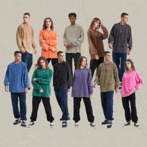 Group of models wearing custom acid-wash oversized long-sleeve t-shirts