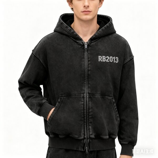 Custom Acid Wash Rhinestone Zip Hoodie - Style 8DB321 - product detail view 4 Custom Acid Wash Rhinestone Zip Hoodie - Style 8DB321 - product detail view 4