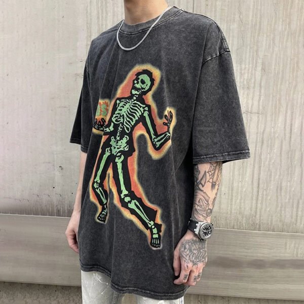 Custom Acid-Wash Skeleton Graphic Oversized T-Shirt | - Style AF8149 - product detail view 2