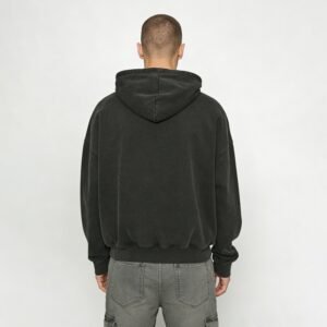 Back view of a dark gray acid-washed pullover hoodie