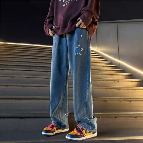 Custom Star Screen Print Acid-Washed Jeans | VW-DJ01 - Style DE9A4B Mens blue acid wash wide-leg jeans with star prints