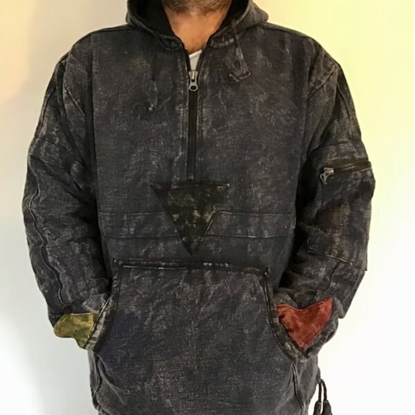 Custom Aged-Wash Utility Pullover Hoodie - Style A67E0B Aged-wash utility pullover hoodie with zippered pockets and patchwork cuffs.