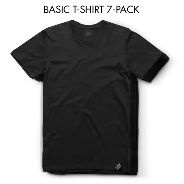Custom Black Panel-Registered Graphic T-Shirt - Style FFF1C0 Stack of seven basic black crew neck t-shirts
