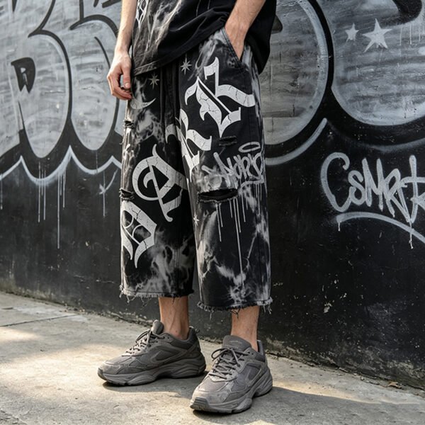 Custom Allover Graphic Distressed Wide-Leg Pants - Style 71B96E Custom Allover Graphic Distressed Wide-Leg Pants - Style 71B96E