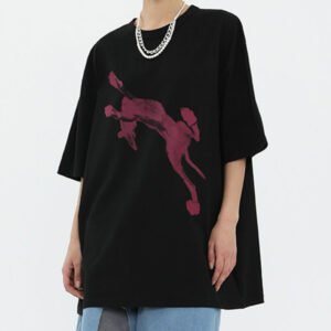Black oversized t-shirt with a maroon abstract animal graphic.