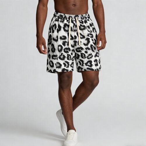 Man wearing custom animal-print drawstring streetwear shorts