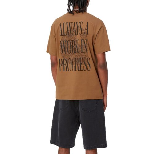 Custom Layered Applique Casual Shorts 77897914e6361ac3 - Style 778979 Brown t-shirt with 'Always a work in progress' graphic on back