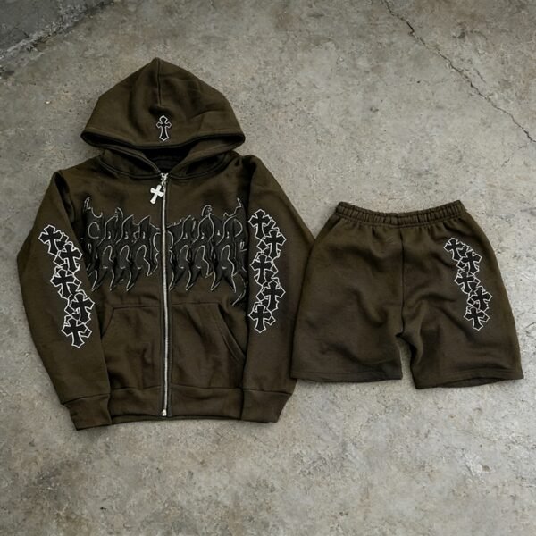 Custom 3D Applique Zip Hoodie and Shorts Set - Style 083A90 - product detail view 2