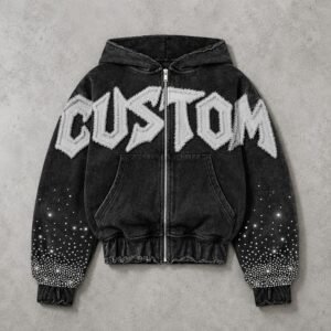 Custom Washed Applique Rhinestone Zip Hoodie - Style 178D2D