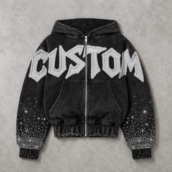 Custom Washed Applique Rhinestone Zip Hoodie - Style 178D2D Custom Washed Applique Rhinestone Zip Hoodie - Style 178D2D