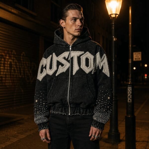 Custom Washed Applique Rhinestone Zip Hoodie - Style 178D2D - product detail view 3 Custom Washed Applique Rhinestone Zip Hoodie - Style 178D2D - product detail view 3