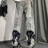 Custom Washed Ripped Applique Denim Jeans - Style 45E0E0