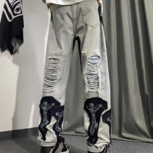 Custom Washed Ripped Applique Denim Jeans - Style 45E0E0