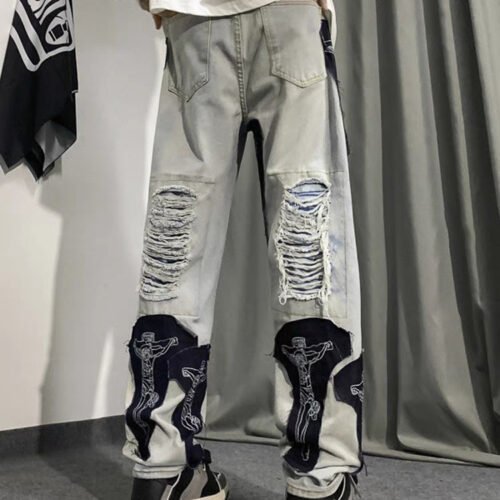 Custom Washed Ripped Applique Denim Jeans - Style 45E0E0 Custom Washed Ripped Applique Denim Jeans - Style 45E0E0