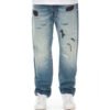 Custom Asymmetrical Repaired Denim Jeans VW-464 - Style 464D33 Light blue distressed asymmetrical repaired denim jeans