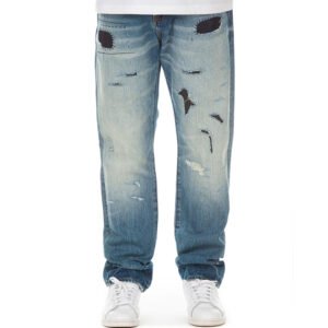 Light blue distressed asymmetrical repaired denim jeans
