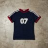 Navy ringer t-shirt with athletic stripes and number 07