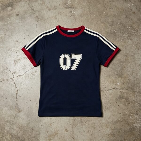 Navy ringer t-shirt with athletic stripes and number 07