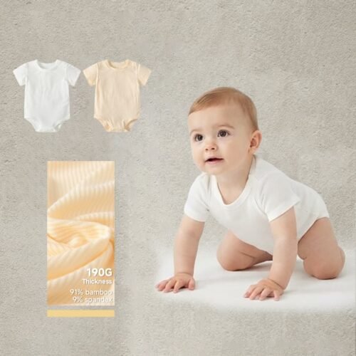 Custom Short-Sleeve Baby Rib Onesie - 2521 - Style 9EE3DC Baby wearing a white ribbed short-sleeve romper