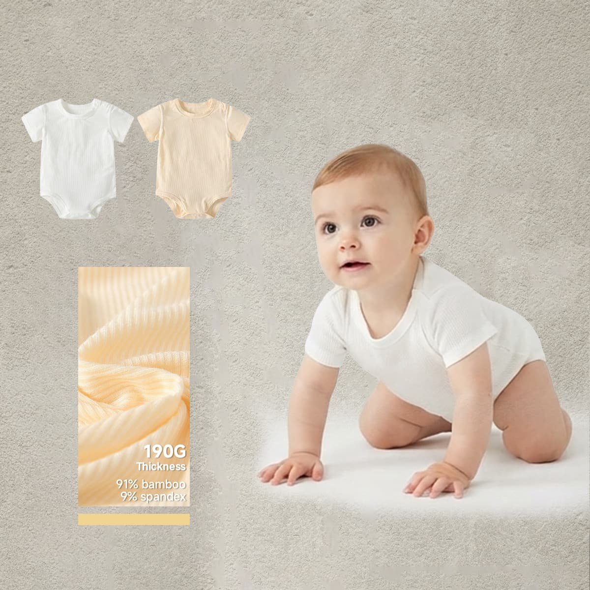 Baby wearing a white ribbed short-sleeve romper