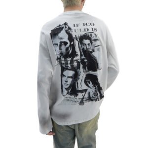 White washed pullover hoodie with portrait and text graphic print.