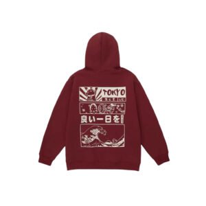 Maroon hooded sweatshirt with Japanese graphic print on the back