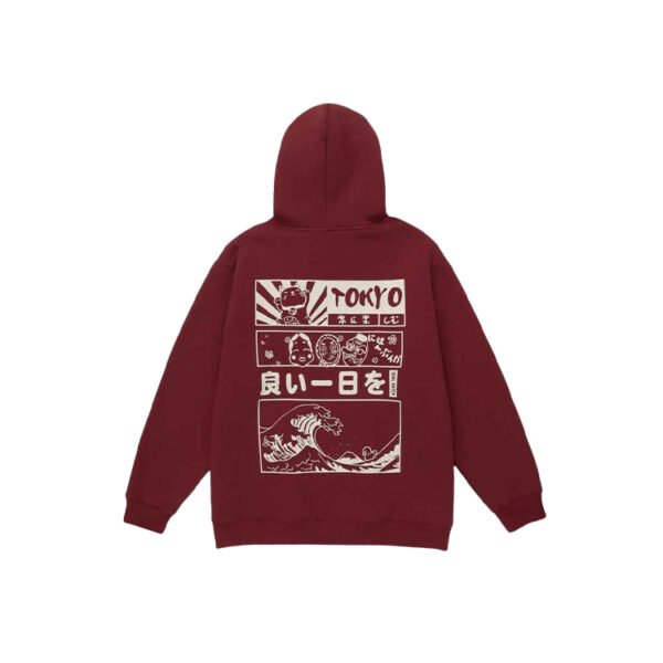 Custom Back-Panel Digital Print Hooded Sweatshirt - Style 4CA19E Maroon hooded sweatshirt with Japanese graphic print on the back