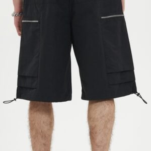 Black baggy cargo shorts with zip pockets and drawstring hem