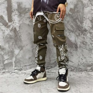 Olive green cargo pants with bandana print and quilted panels